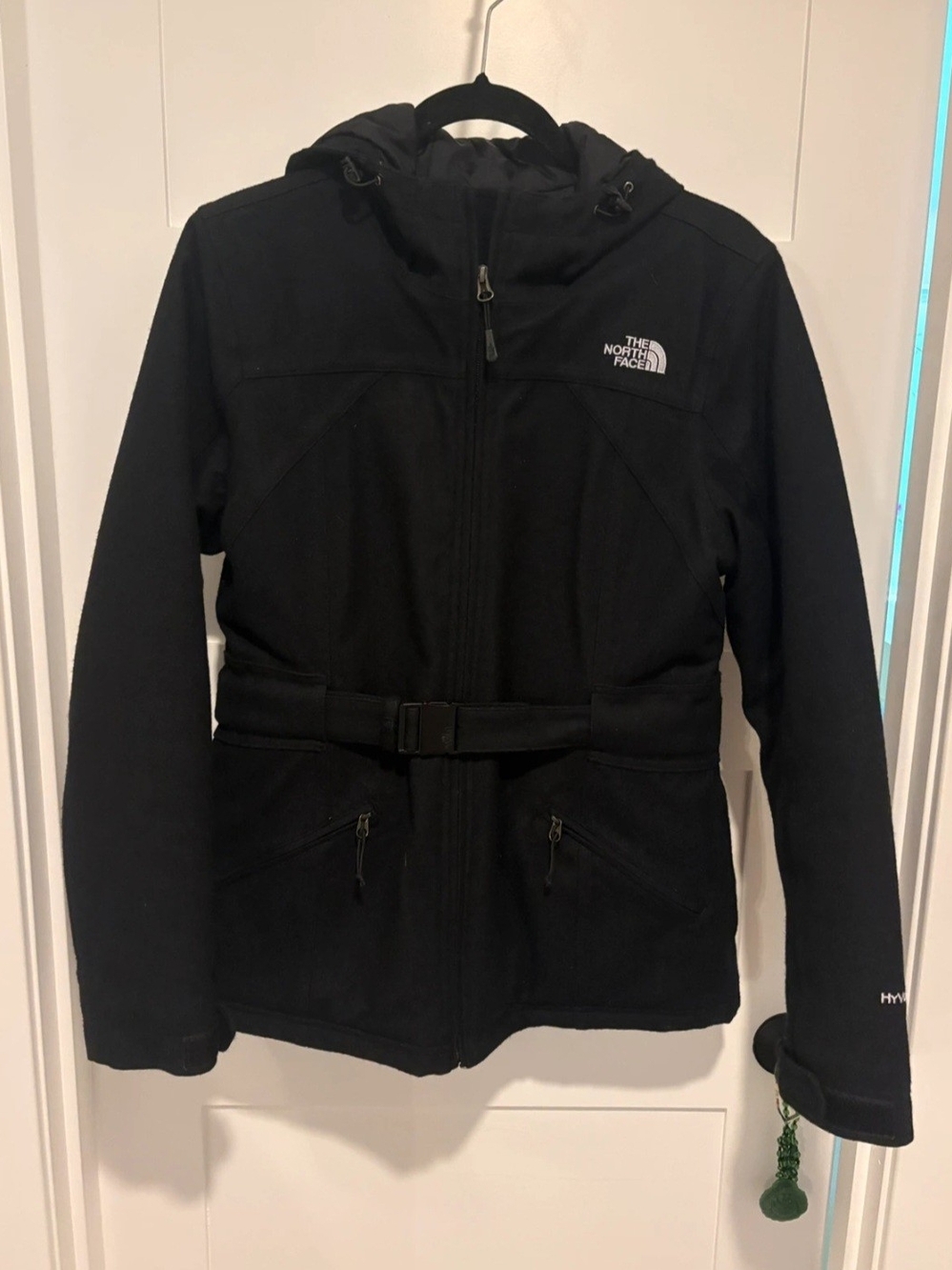 The North Face Women's Black Hooded Belted Wool Puffer Coat